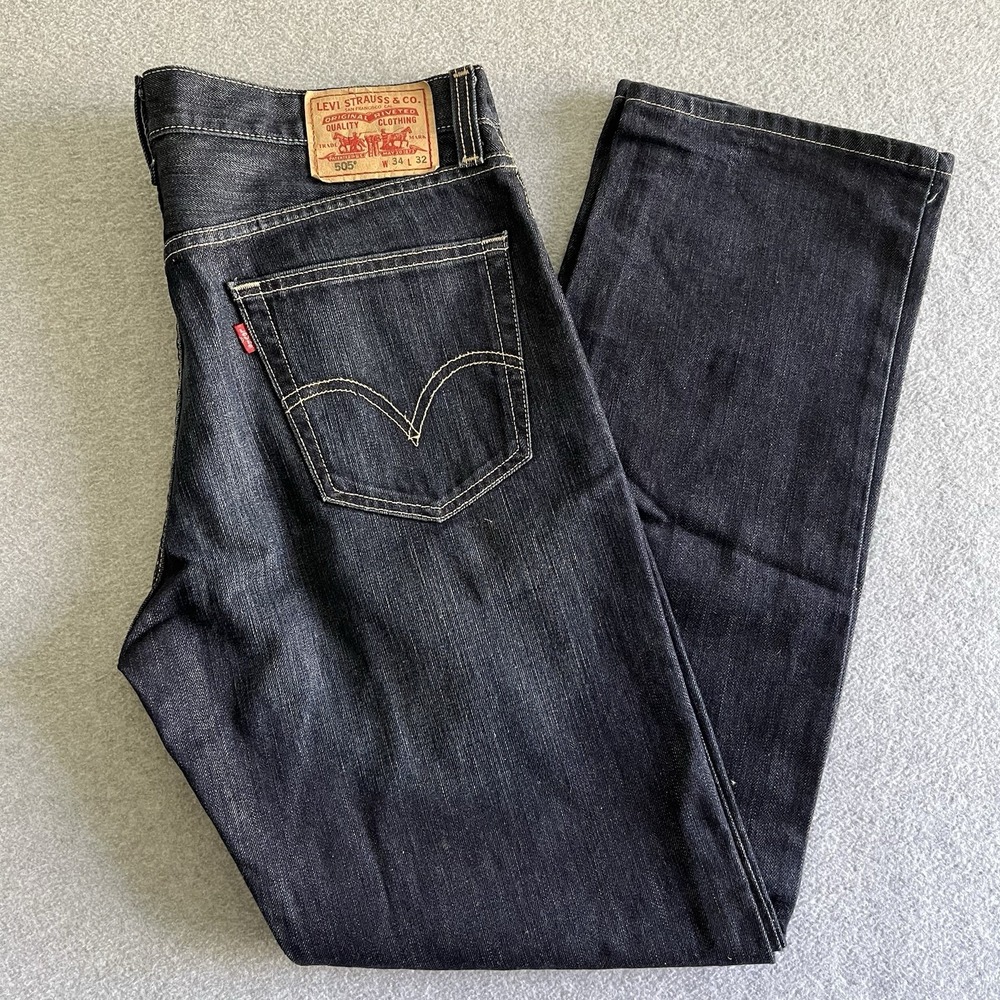 Levi's Men's Vintage 505 Regular Fit Straight Leg Jeans Dark Blue Deni 34x32 Y2K